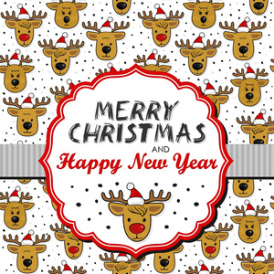 驯鹿在圣诞老人帽子凌乱圣诞冬季假期无缝模式与形框架的复古白色背景和丝带与圣诞祝福英语