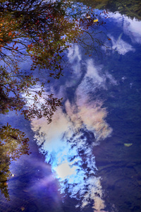 秋季蓝蓝的天空太阳红颜色水反射抽象韦纳奇