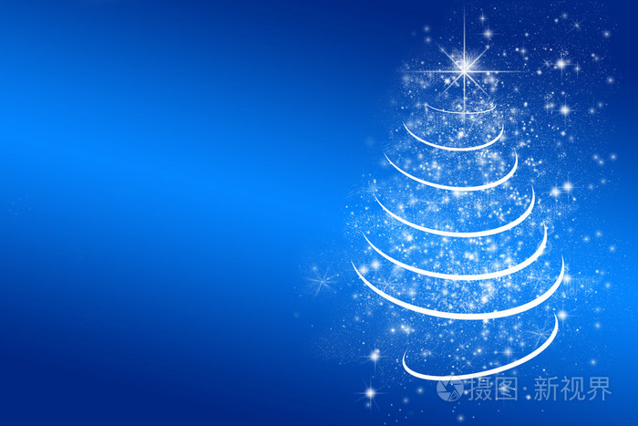 蓝色的背景 白色圣诞树，星星，灯 贺卡，为自己的文本空间