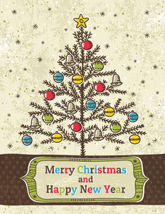 圣诞树上米色背景与带有文本标签
