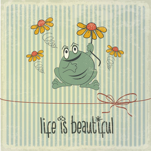 与快乐的青蛙和短语生命是美丽的复古插画