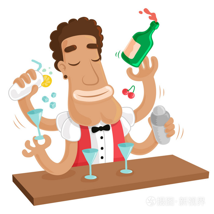 鸡尾酒聚会杂耍酒保混合各种酒精饮料成分分离矢量卡通漫画插画