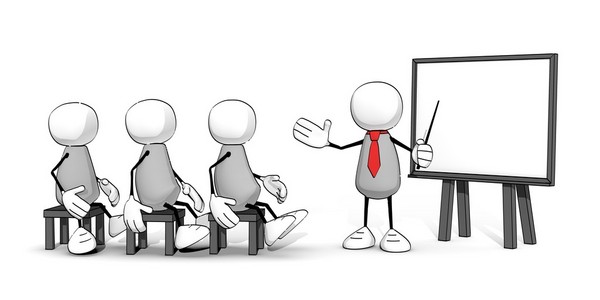 粗略小人在用红色领带举办研讨会照片