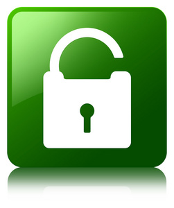 解除锁定的挂锁图标光泽绿色反射的方形按钮