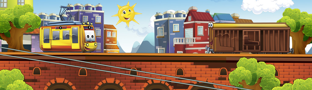 带机油运输车的货运列车卡通火车场景与快乐的孩子带机油运输车的货运