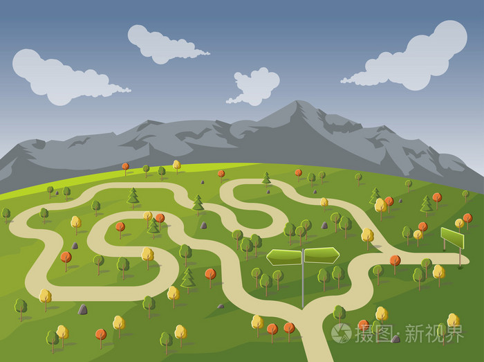 与分叉的道路标志的绿色公园路