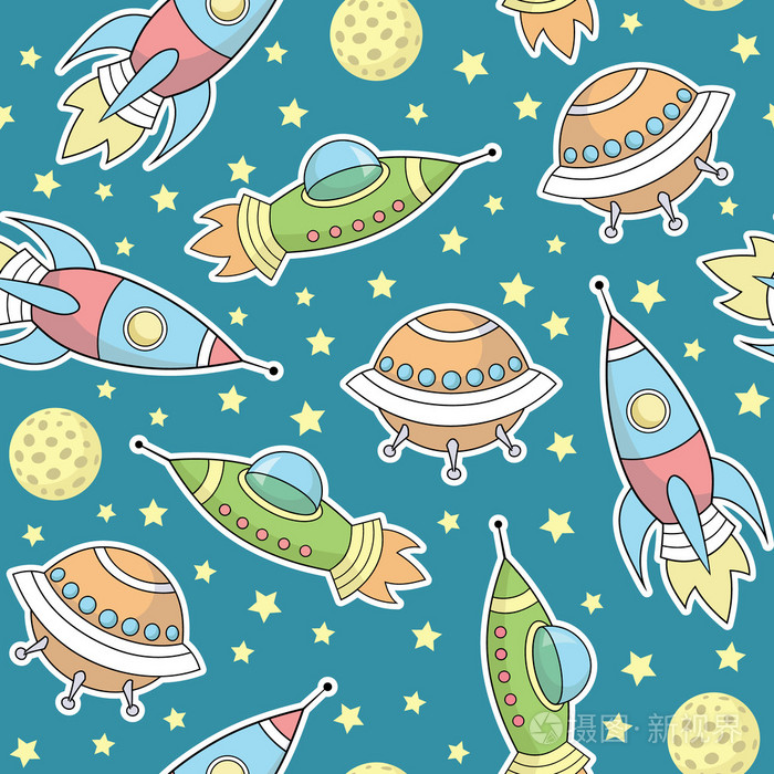 矢量无缝模式与太空火箭, 恒星, 行星, 宇宙飞船插画-正版商用图片1h6