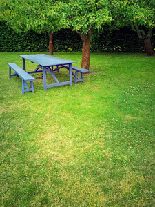 夏天花园与绿色的草坪里的木桌子