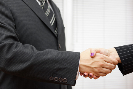握手的商业伙伴，男人和女人在办公室