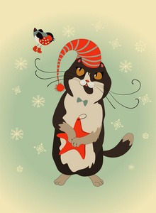 好奇的猫和红腹灰雀庆祝圣诞节