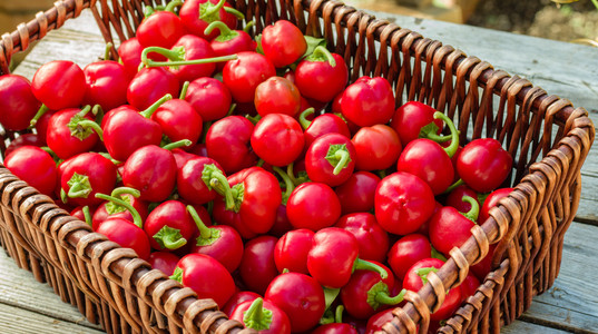 竹篮樱桃柳条篮子的樱桃辣椒照片