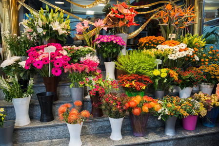 街头鲜花店与五颜六色的花