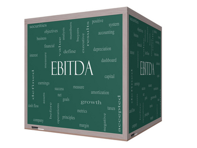 Ebitda 词云概念上 3d 多维数据集黑板