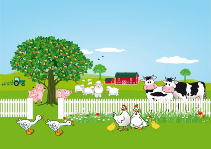 同动物和农民的农场场景农场里快乐小动物的矢量插图农场里可爱的小猪