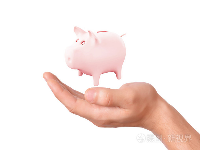 手上捧着粉红色的小猪银行