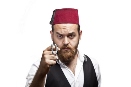 大邑在传统的土耳其帽子和衣服 kabadayi 人照片