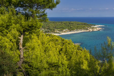 中央马其顿 Platanitsi 海滩，Chalkidiki，遮阳伞和