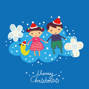男孩和女孩蓝色圣诞节背景