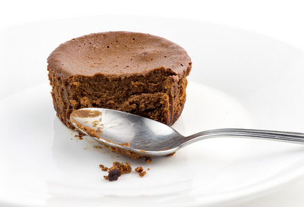 宏特写的一半吃巧克力蛋糕松饼与脏 spo