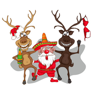 圣诞老人与鹿共舞。卡通风格