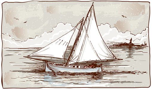 老式的看法的帆船在海