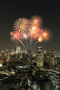 烟花在晚上庆祝在东京城市景观