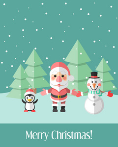 圣诞老人和企鹅与雪人圣诞贺卡图片