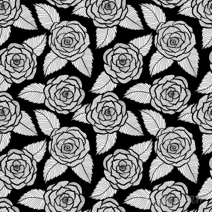 美丽无缝黑白相间的花纹在玫瑰和叶花边.手绘轮廓线和描边