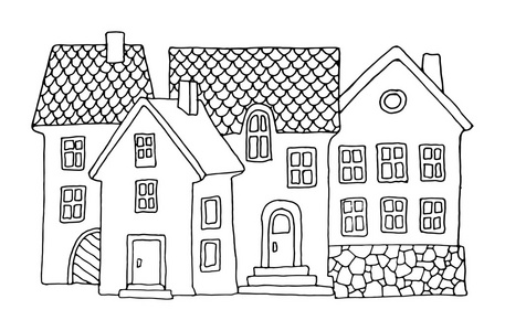 手绘图的房子手绘图的房子儿童画车和乡间别墅在欧洲小镇的旧建筑物的