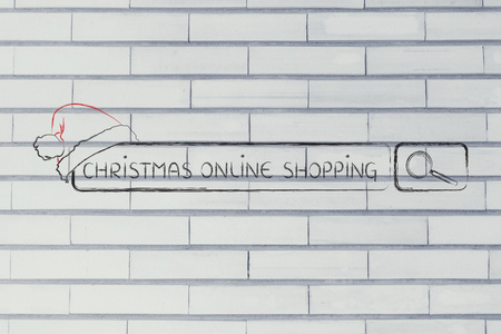 搜索栏与圣诞老人的帽子，圣诞节网上购物的概念