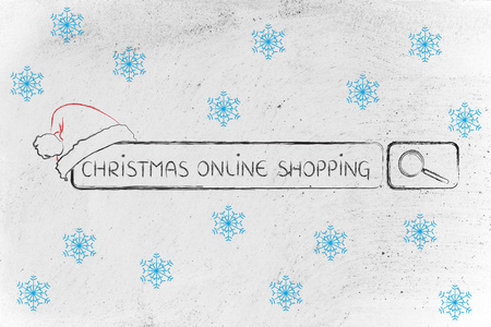 搜索栏与圣诞老人的帽子，圣诞节网上购物的概念