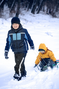 两个快乐的男孩，在雪橇上