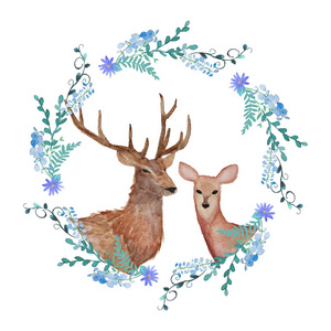 保存水徽章在爱的鹿.水彩的徽章照片