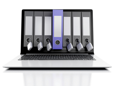 3d 笔记本电脑和秘密文件夹.数据安全概念照片