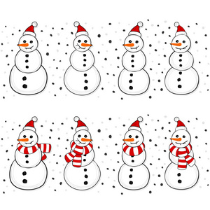 雪人在圣诞老人的帽子和围巾，帽子圣诞冬季假期无缝水平边框设置隔离在白色背景