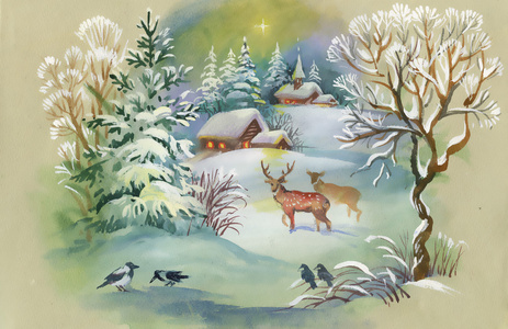 冬季风景与鹿艺术家在自然的画架上画画,一只手在画布上画笔,这是一种