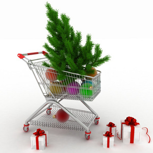 购物车满杉木树和礼品盒圣诞球