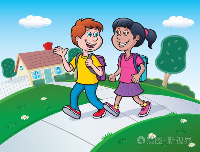 两个孩子走路上学背着背包