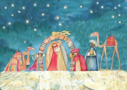 基督教的圣诞节圣诞场景中具有三个智者的插图