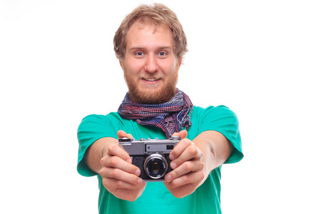 性格开朗的摄影师用相机的肖像