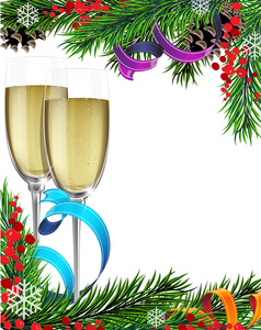 香槟和圣诞树枝的眼镜