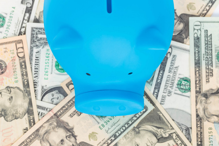 美元背景上的蓝色小猪银行