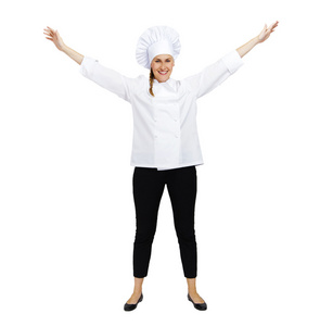 年轻的专业厨师的女人。孤立在白色的背景