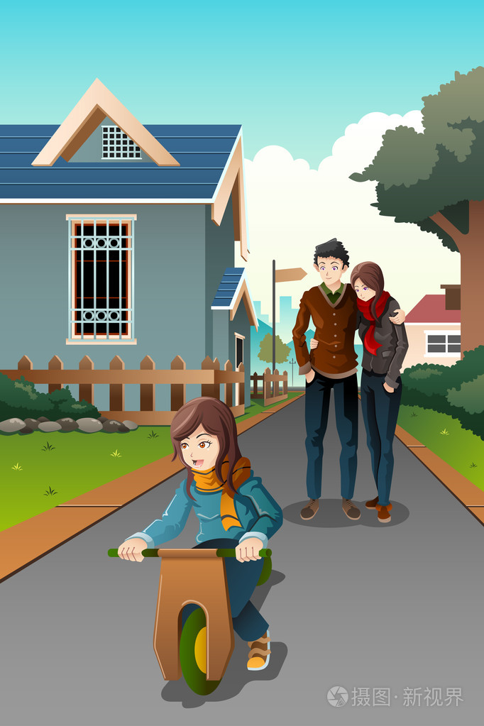 看着他们骑国产自行车的孩子的父母插画-正版商用图片1hd29c-摄图新