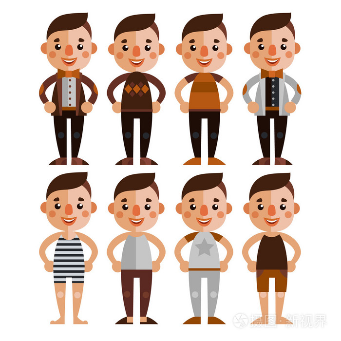 一组的男性人物在不同的衣服.时尚男孩赶时髦的人.平面设计