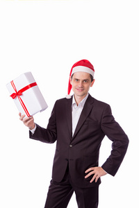 男西装和帽子与圣诞礼物放在白色的背景