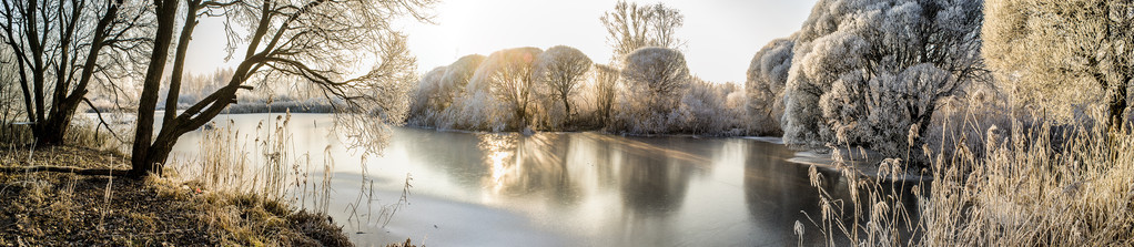 冰冻的湖面和白雪覆盖的树木，借以阳光让路全景