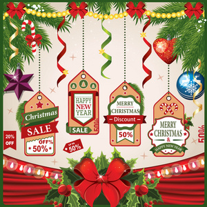 圣诞及新年假期设置标签 丝带和其他装饰元素