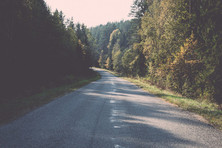 太阳反射的湿的沥青道路。年份