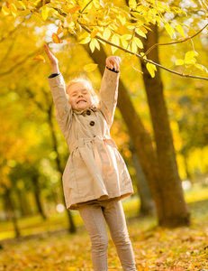 秋天的乐趣可爱的女孩有一个有趣的秋天的叶子，在快乐的孩子